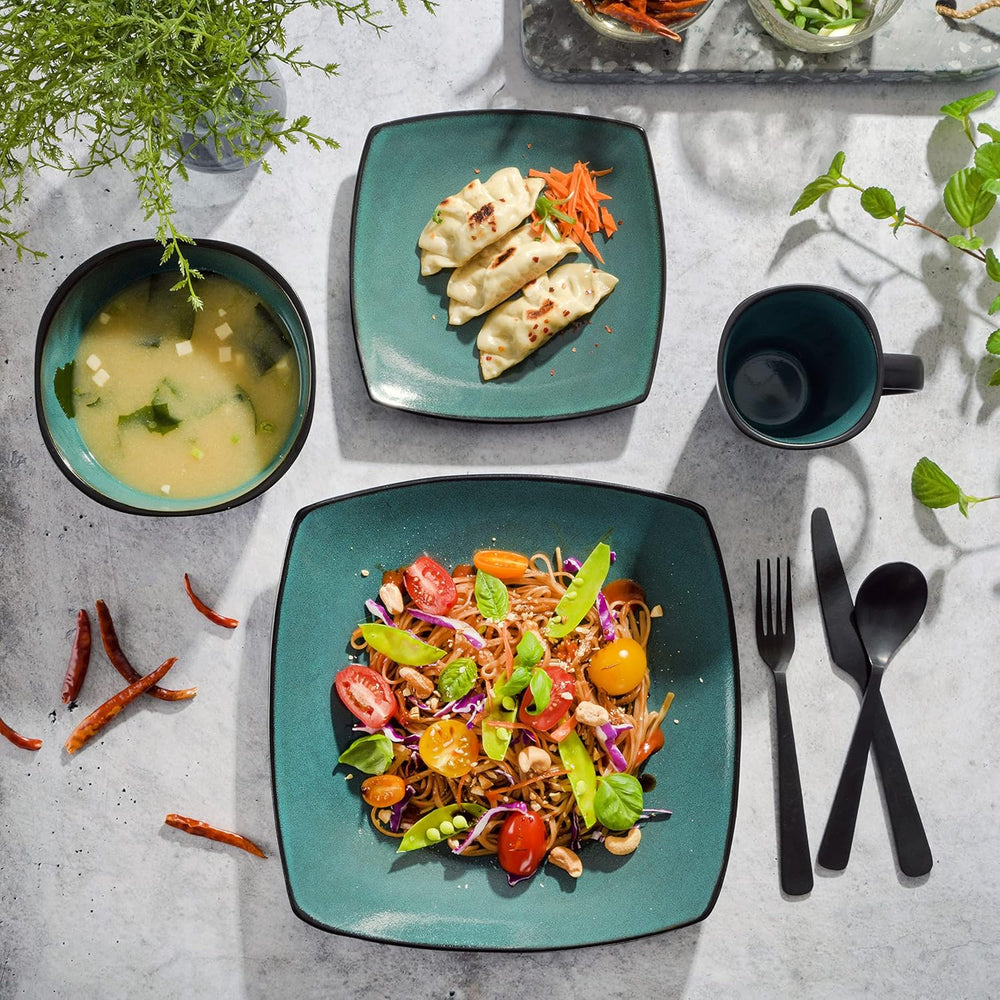 Gibson 99813.16R Elite Soho Lounge Service de table à vernis réactif pour 4 personnes, 16 pièces, bicolore bleu-vert/noir