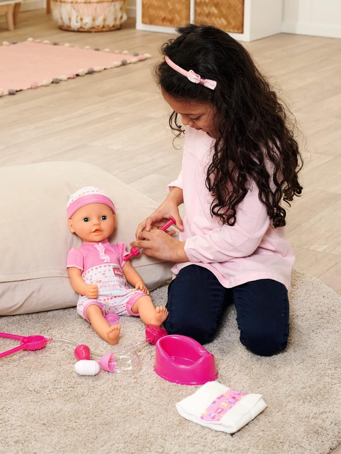 Simba 105562487 - New Born Baby First Nursing Set, tétine, couche et biberon avec contenu disparaissant, pour poupées 38-43 cm Naty Shop Dolls