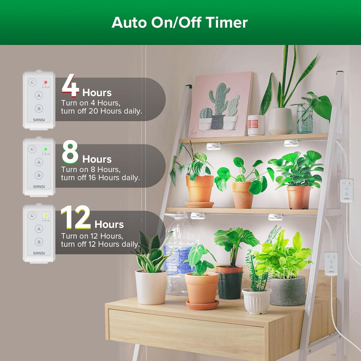 SANSI Lampe de culture LED pour plantes d'intérieur, 2 têtes, spectre complet, 10 W (équivalent 150 W), minuterie de 4/8/12 heures, lampe hydroponique suspendue pour serre de plantes d'intérieur