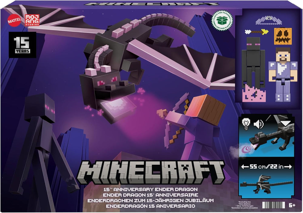 Mattel Minecraft Ender Dragon Action Figure Set, lumières, bruit et brume avec Steve et Enderman, fidèle à l'échelle env. Figurines de 8 cm de hauteur HTN25 Figurines Naty Shop