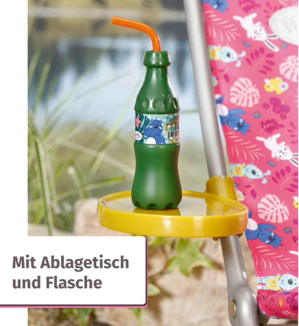BABY born 832790 Weekend Fischen - Puppenzubehör Angel-Set mit bunt bedruckten Liegestuhl mit Ablagetischchen, Flasche, Korb, Enten und Angel sowie pinkem Longshirt, Pink