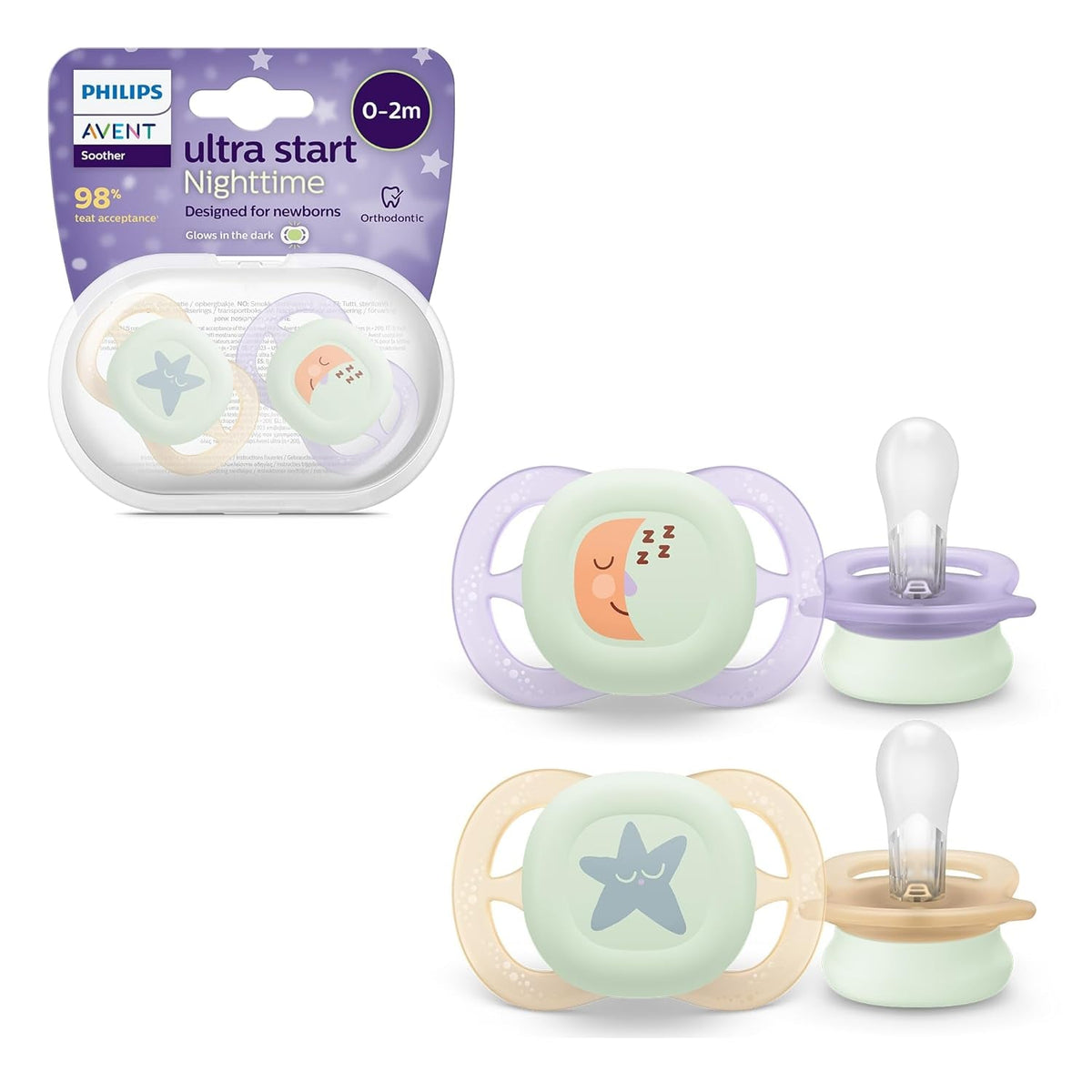 Philips AVENT Ultra Start Night Sucette, Sucette orthodontique pour nouveau-nés, Brille dans le noir, Sans BPA, avec récipient de stérilisation, Lot de 2, Lune, Étoile, SCF075/07
