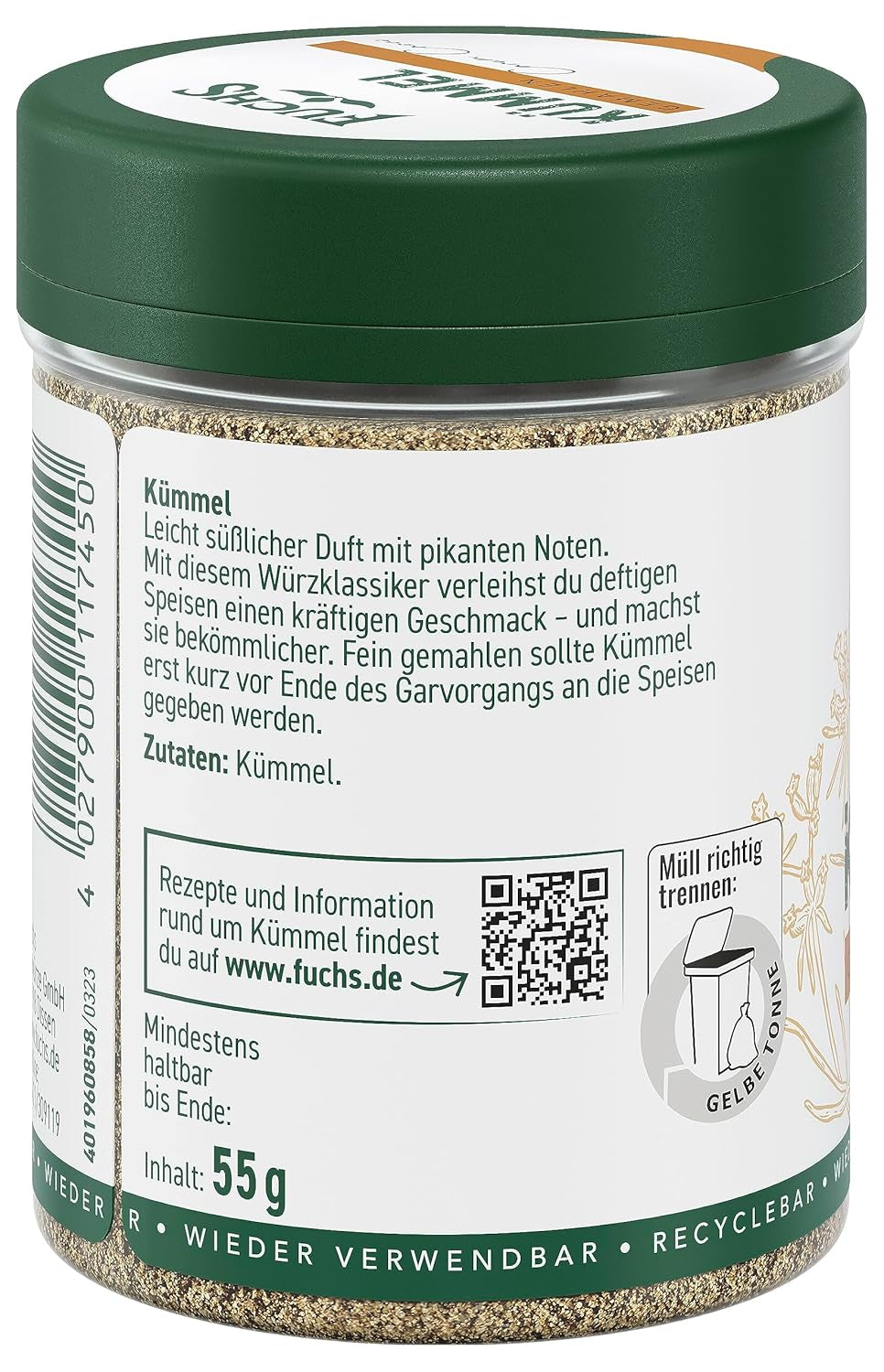 Fuchs Gewürze - Kümmel gemahlen - klassisches Gewürze für daftige Gerichte wie Chili con Carne - ingrédients naturels - 55 g en dose variable, recyclable