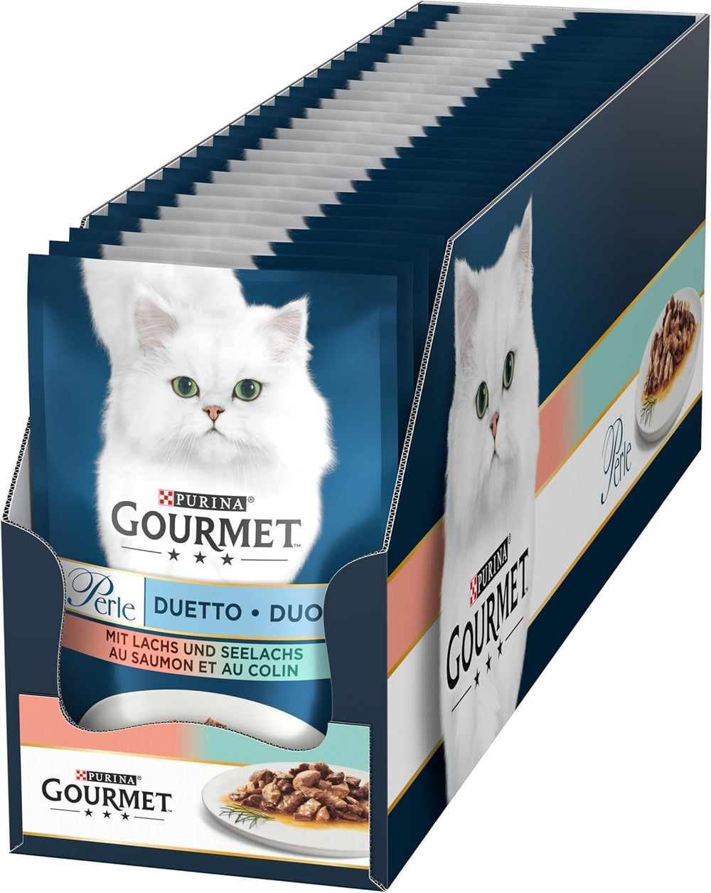 Gourmet Perle Duetto Saumon et morue jaune Nourriture humide pour chat Paquet de 26 (26 x 85 g)