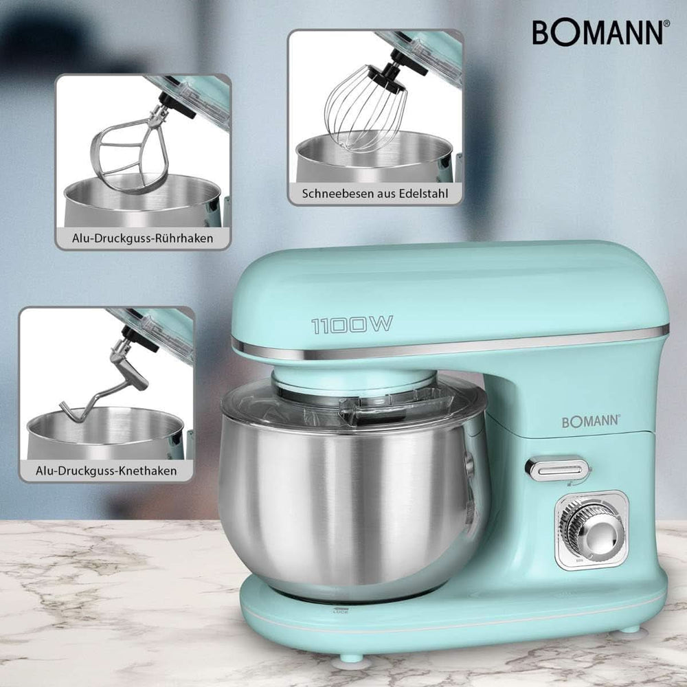 Bomann® Retro Küchenmaschine Zum Backen | Machine à tricoter 5L | Moteur Starker 1 100 W | Teigmaschine Inkl. Haken & Schneebesen | Retro Teigknetmaschine Spritzschutz Mit Nachfüllöffnung – KM 6030 CB Mint-Grün Mère et Enfant Naty Shop