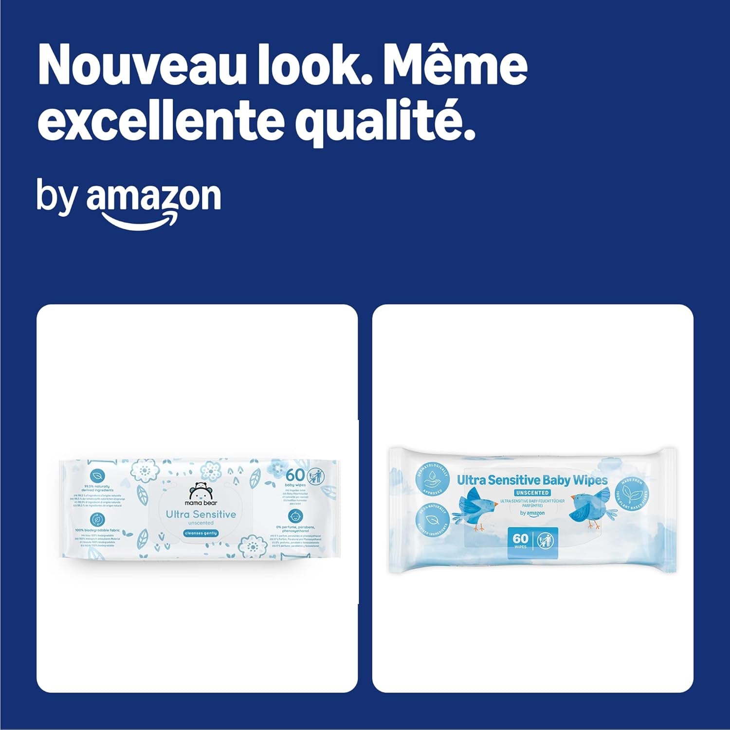 Lingettes pour bébé Amazon Ultra Sensitive, 100 % fibres végétales, 99 % eau, 1080 lingettes, non parfumées, 18 paquets de 60 lingettes chacun (anciennement vendues sous la marque Mama Bear, produit identique)