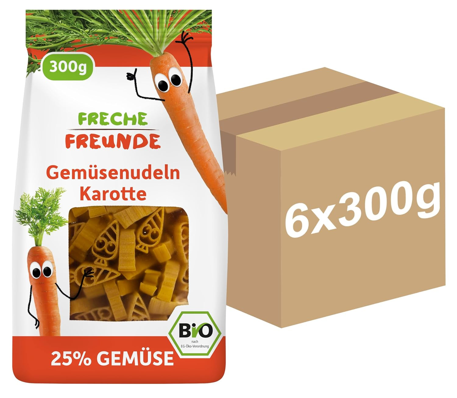Freche Freunde Nouilles aux Légumes Bio 'Carotte' 25% de Contenu Végétalien Vegan 6 Pack (6 x 300g)