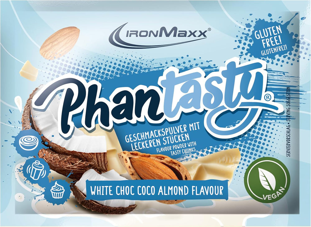 Ironmaxx Phantasty - Pêche crémeuse Dose de 250G | Vegan Geschmackspulver Mit Echten Frucht-Oder Nussstückchen | Perfekter Zuckerersatz Édulcorants Naty Shop 15 G (1Er Pack) Choc Blanc - Coco Amande