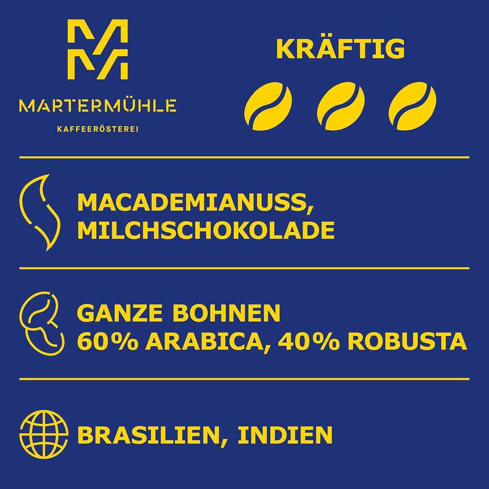 Grains d'espresso Martermühle Cioccolato 500g Fort | Arabica/Robusta | Saveurs : Noix de macadamia, chocolat au lait | Grains d'espresso entiers légèrement torréfiés, faible acidité