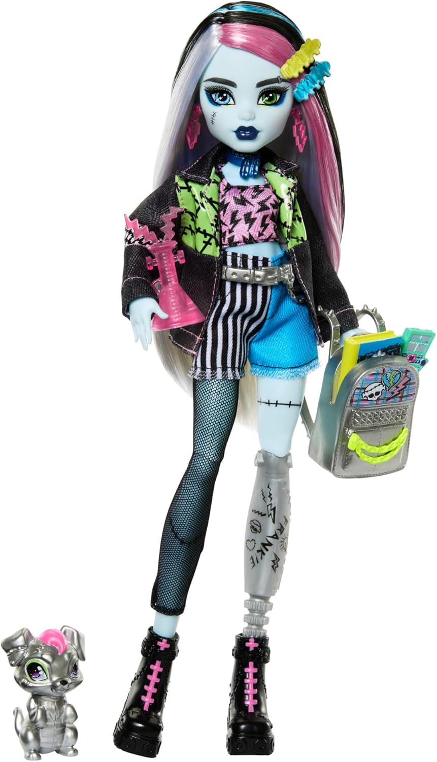 Poupée Monster High Frankie Stone en veste en jean et short, comprend un chien Watzie et des accessoires tels qu'un sac à dos, une collation et un carnet, HXH73 Naty Shop Dolls Watzie Dog