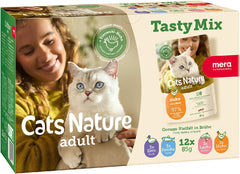 MERA Cats Nature Adult Tasty Mix Nourriture humide de qualité supérieure pour chats 12 x 85 g | Sans sucre et sans céréales | Nourriture humide pour chats adultes à haute teneur en viande | Forfait Économique