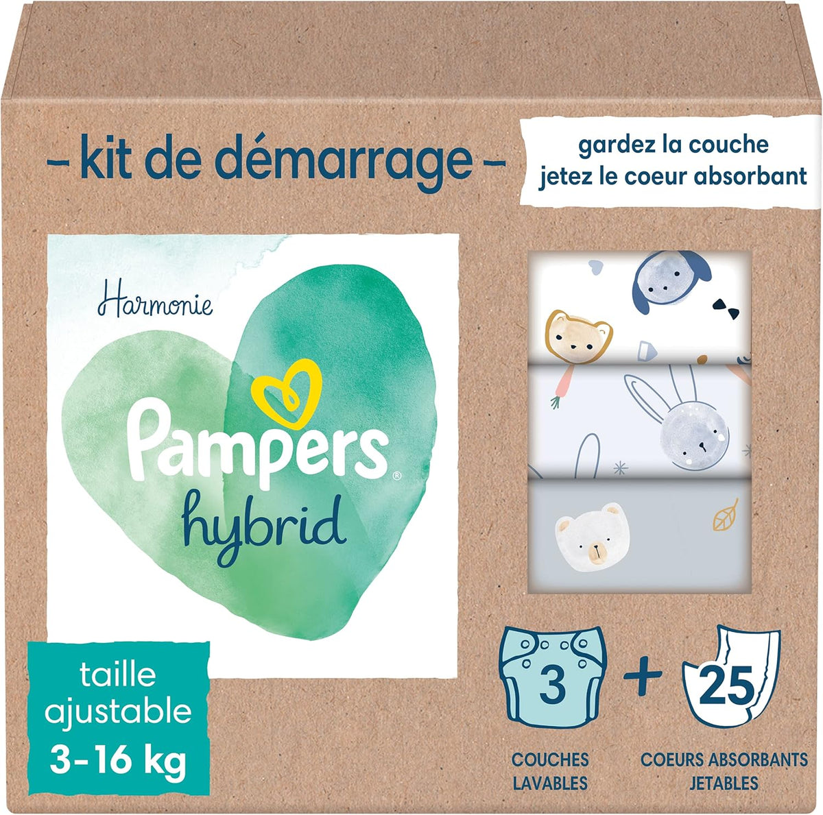 Pampers - Pack de démarrage Harmony Hybrid, 3 couches lavables + 25 couches supérieures jetables - 1 paquet