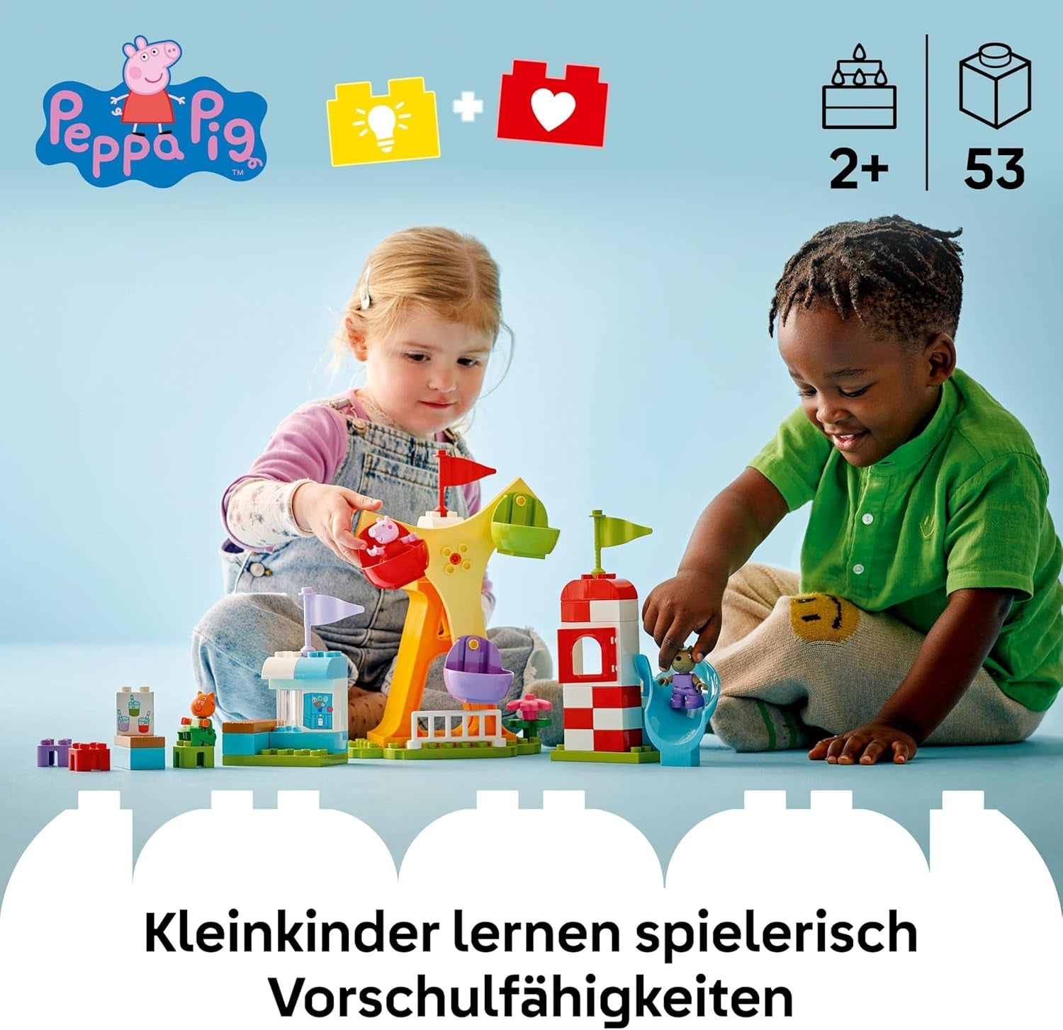 LEGO DUPLO Peppa Wutz Jahrmarkt - Montessori Spielzeug - Motorikspielzeug für Kinder ab 2 Jahren - Vorschule Spiele mit Riesenrad, Rutsche & 3 Figuren inkl. Mollie Mieze & Klausi Kläff 10453
