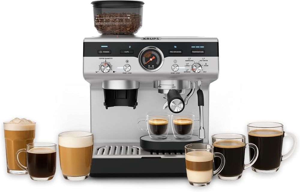 Machine à expresso manuelle Krups Precision avec porte-filtre et moulin, machine à café barista avec panneau de commande intuitif, réglages de pré-infusion, machine à expresso avec buse vapeur, chauffage rapide, XP801T10