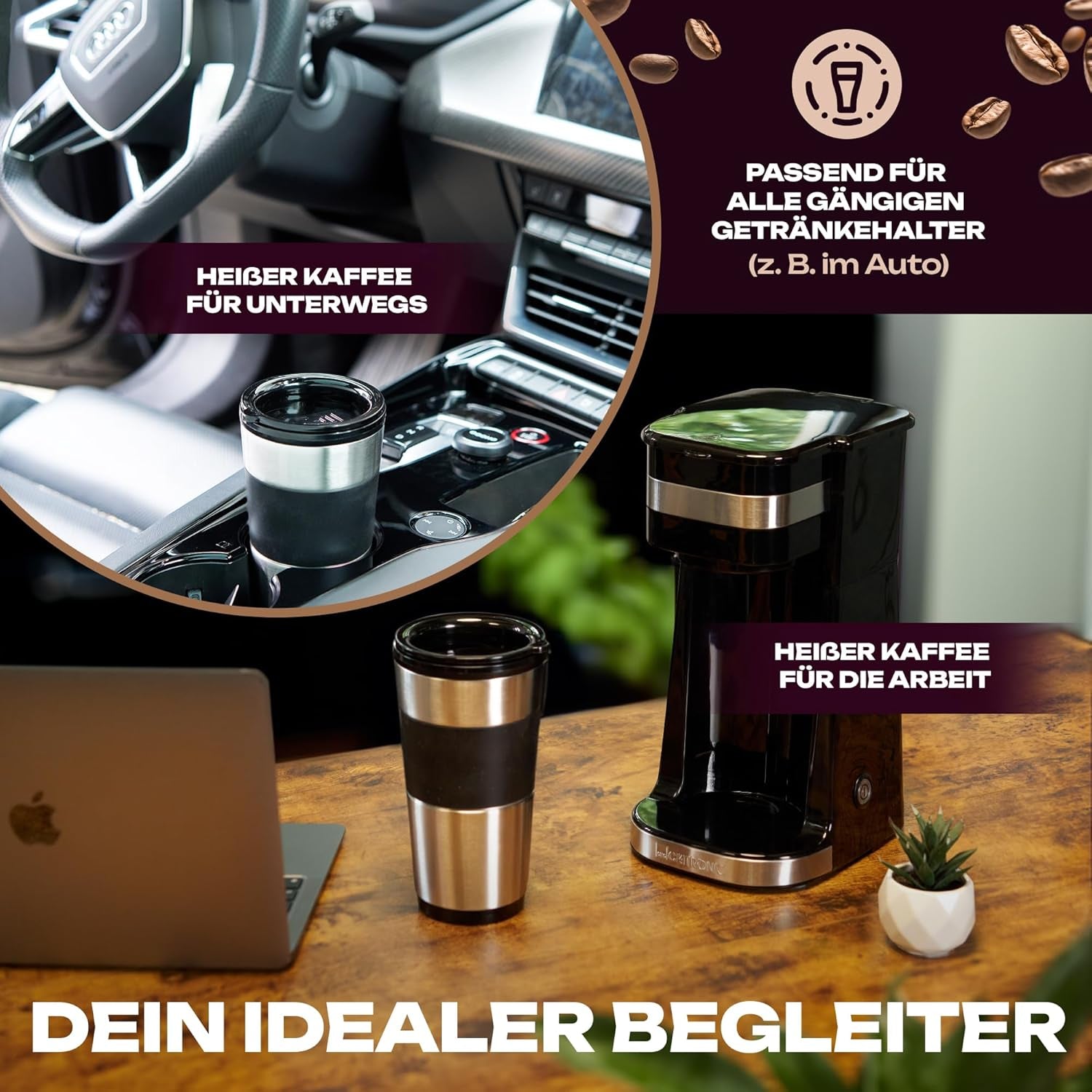 Machine à expresso Clatronique | Tasse de voyage 400 ml | Compatible avec tous les porte-gobelets standards (par exemple pour voiture) | Machine à expresso avec filtre | Filtre permanent en nylon | Mug en acier inoxydable avec couvercle aromatique | CA 3733