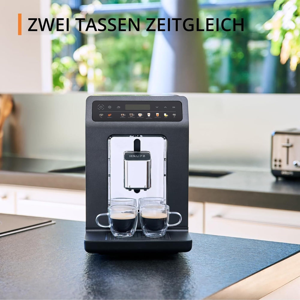 Machine à expresso automatique KRUPS Evidence One avec tuyau à lait, cappuccino à une touche, 12 boissons spéciales, fonction 2 tasses, écran couleur, machine à expresso, certificat TÜV, noir, EA895N10