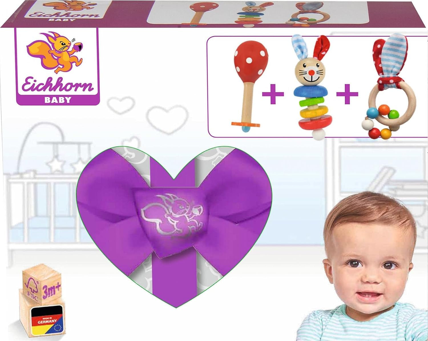 Eichhorn 100017045 - Coffret cadeau / entrée bébé avec maraca, jouet sonore et jouet à motif lapin, 3 pièces, à partir de 3 mois Jouets Bebe Naty Shop