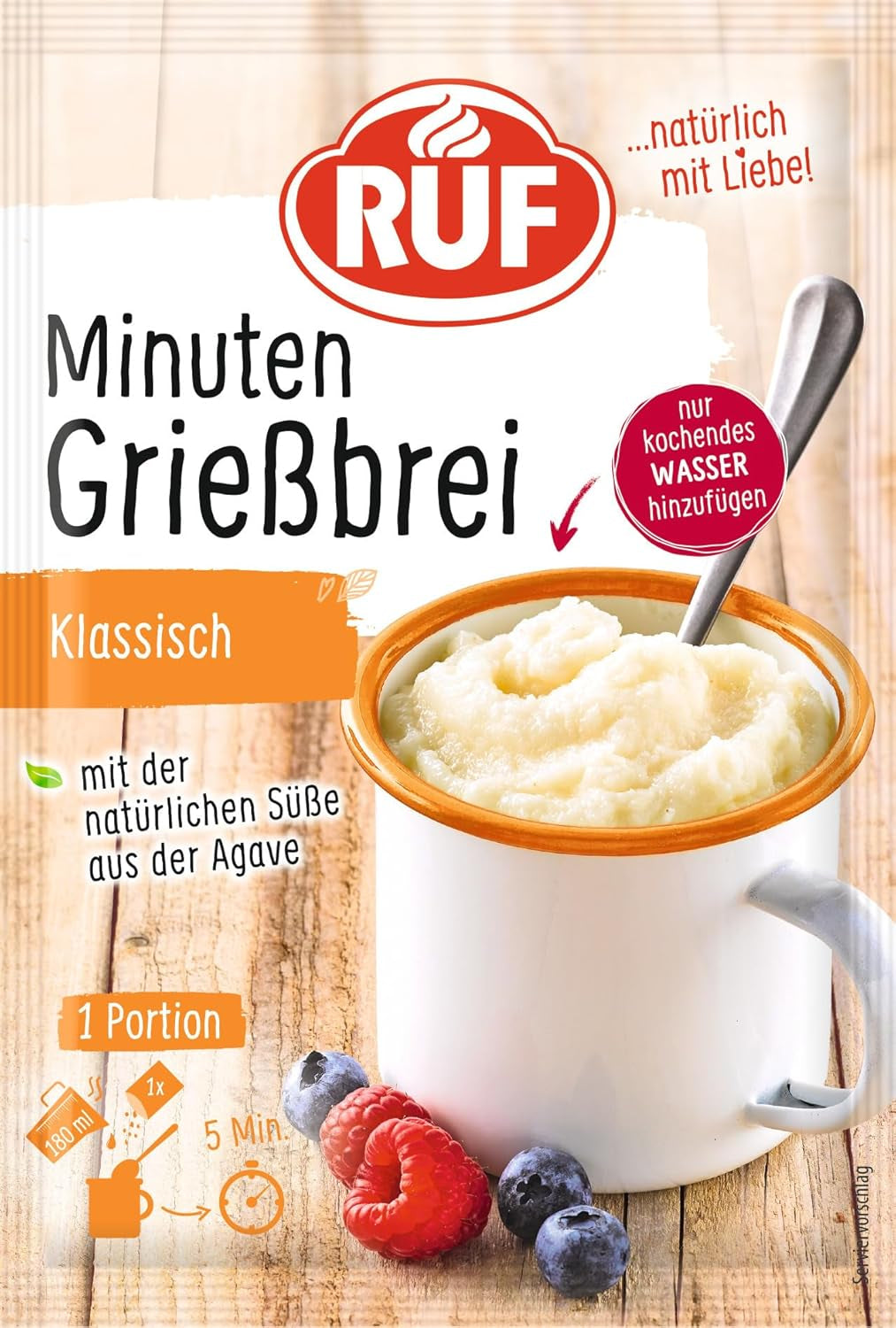 RUF Tassen-Grießbrei Klassisch, Instant Grießbrei Aus Der Tasse, Tassengericht Ideal Für Unterwegs or der Zwischendurch, Fertig in 5 Minuten, 1 X 58G Cereale Naty Shop 58 G (1Er Pack) Grießbrei