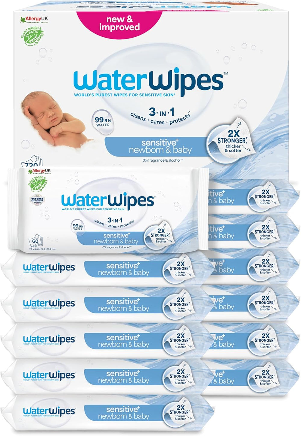 Lingettes humides WaterWipes Sensitive+ pour nouveau-nés et bébés, 720 unités (paquet de 12), nettoyage 3 en 1, entretien, protection, 99,9 % d'eau, sans parfum
