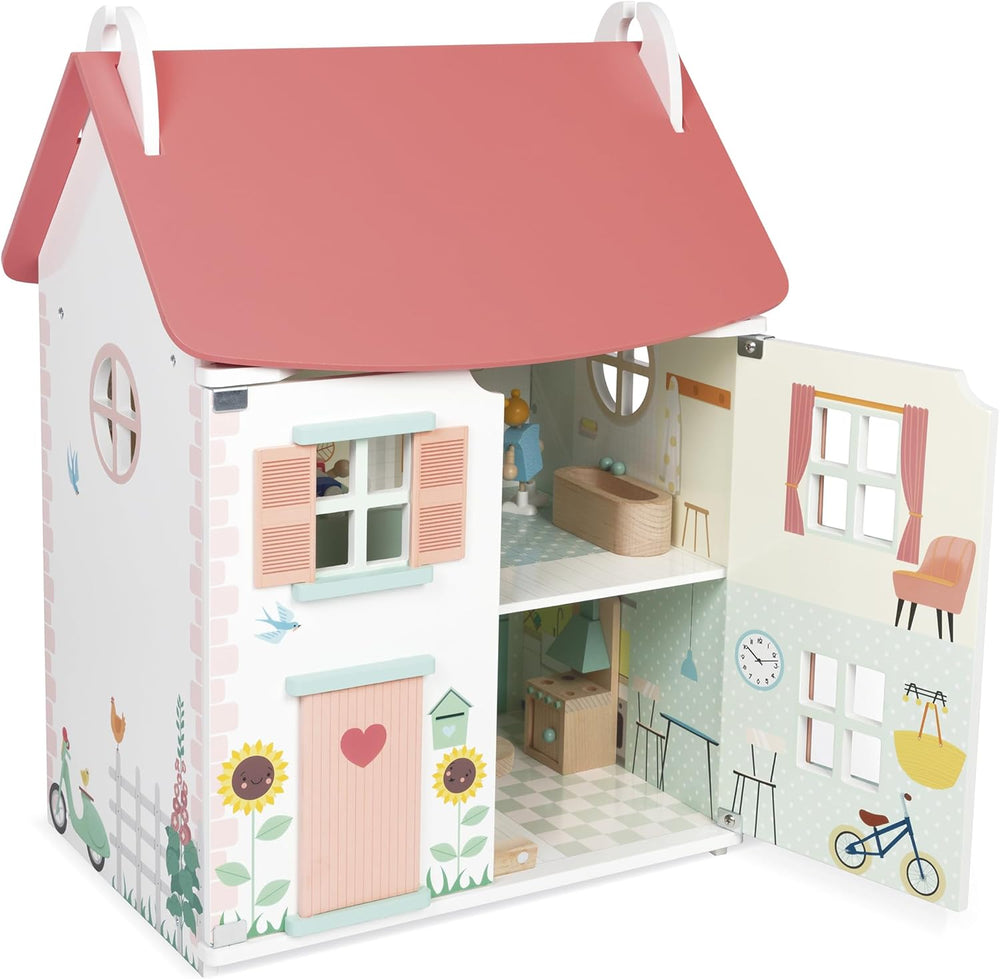 Janod - Ma première maison de poupée en bois - 10 accessoires - Meubles de poupée - Portes magnétiques et toit amovible - Jouet en bois certifié FSC - 3 ans et plus