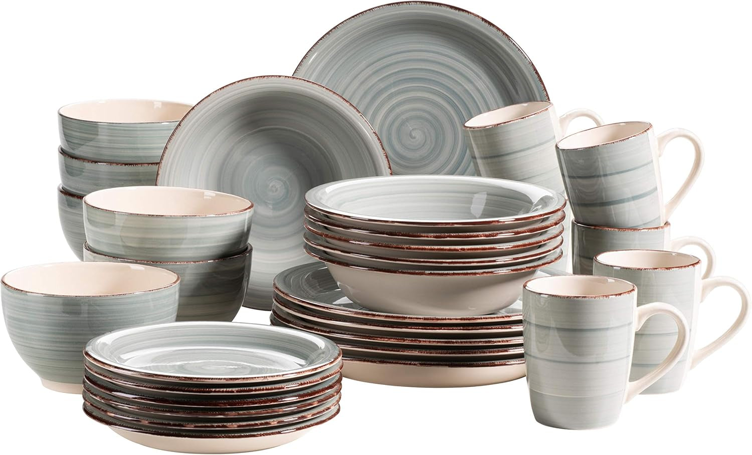 MÄSER 931612 Bel Tempo II Service à vaisselle vintage 30 pièces pour 6 personnes, service combiné en céramique à la main en bleu, Steingut, Rauchblau Vaisselle Naty Shop Rauchblau