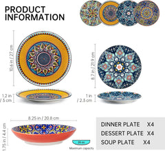 HENXFEN LEAD Service de table en porcelaine, service de table 12 pièces pour 4 personnes, service de table coloré pour 4 personnes – assiettes peintes à la main, assiettes à dessert, assiettes creuses – Style bohème