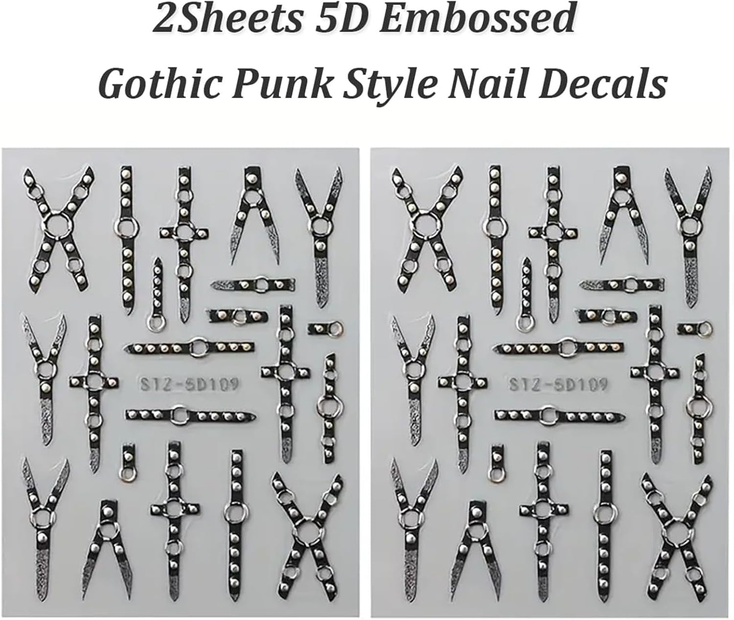 2PCS 5D Embossed Gothic Punk Nagelsticker, Nagel Sticker Selbstklebend Kreuz et X-Form Halloween Nagelaufkleber, Nageldesign Zubehör Für Damen Nail Art