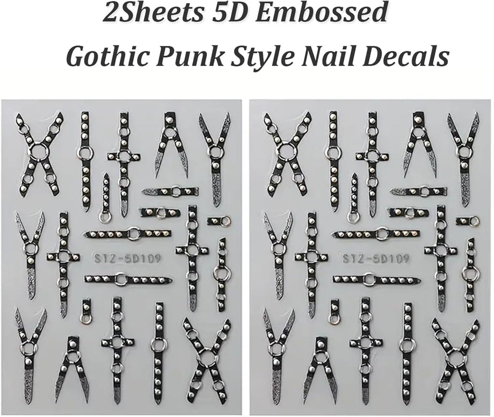 2PCS 5D Embossed Gothic Punk Nagelsticker, Nagel Sticker Selbstklebend Kreuz et X-Form Halloween Nagelaufkleber, Nageldesign Zubehör Für Damen Nail Art