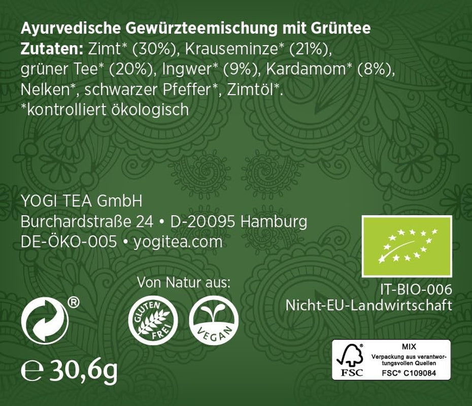 Yogi Tea Green Chai, thé épicé ayurvédique biologique, mélange de cannelle, menthe, thé vert, gingembre, cardamome et clou de girofle, 6 x 17 sachets de thé (102 sachets de thé au total)