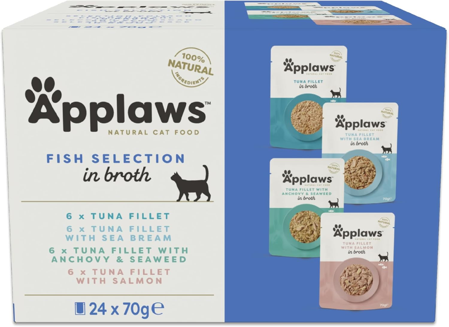 Applaws Sachets de sélection de poisson de nourriture humide pour chats 100% naturels en bouillon - Paquet de 24 sachets x 70 g