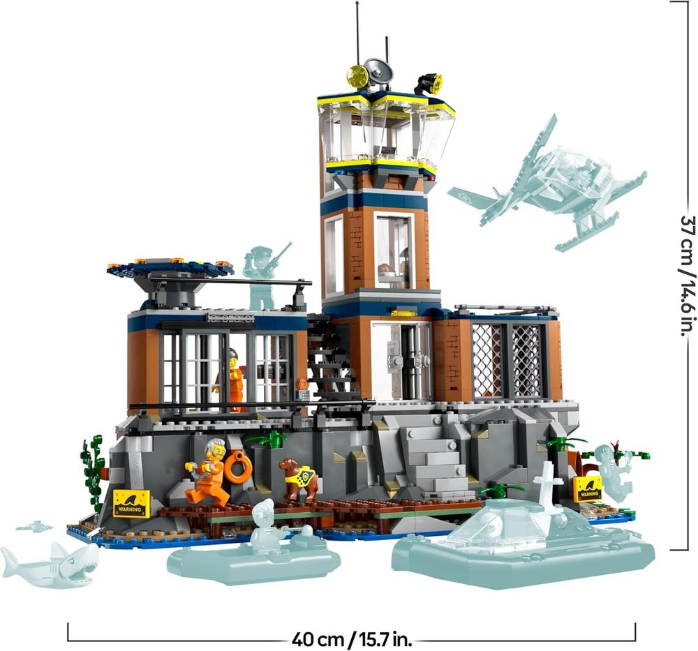 LEGO City Polizeistation auf der Gefängnisinsel, Polizei Spielzeug mit Hubschrauber, Boot und Hai, Set mit 7 Minifiguren und Hund, Geschenk zum Geburtstag für Jungen und Mädchen ab 7 Jahren 60419