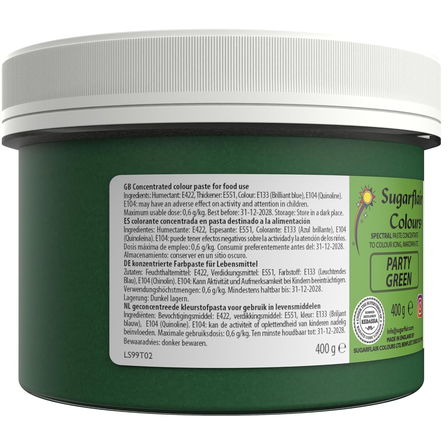 Colorant alimentaire pour pâtes Sugarflair Partygreen, colorant alimentaire pour fondant et massepain, pâtes concentrées spectrales - 400 g