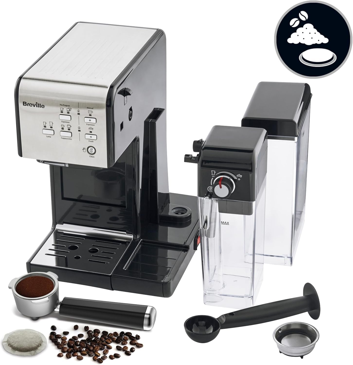Expresso Breville Prima Latte II | Machine à latté et cappuccino | Pompe professionnelle avec 15 bars et mousseur à lait | Argent [VCF108X]