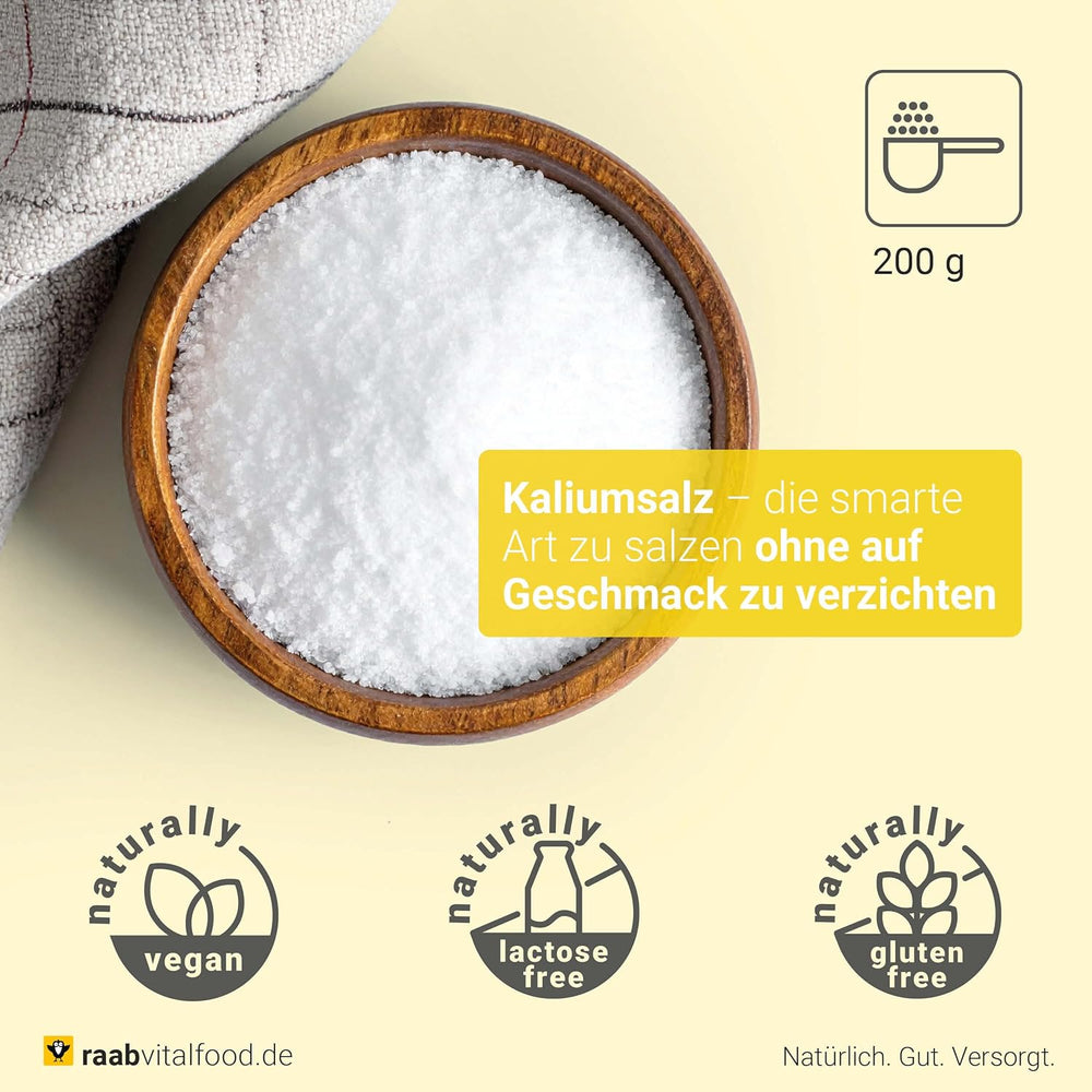 Raab Vitalfood Mélange de sel de potassium, mélange de sel minéral avec 66,7 % de chlorure de sodium (eau de Cologne) et 33 % de chlorure de potassium, le potassium est destiné à l'alimentation en eau normale d'un liquide à base de sel (dose de 1 x 200 g)