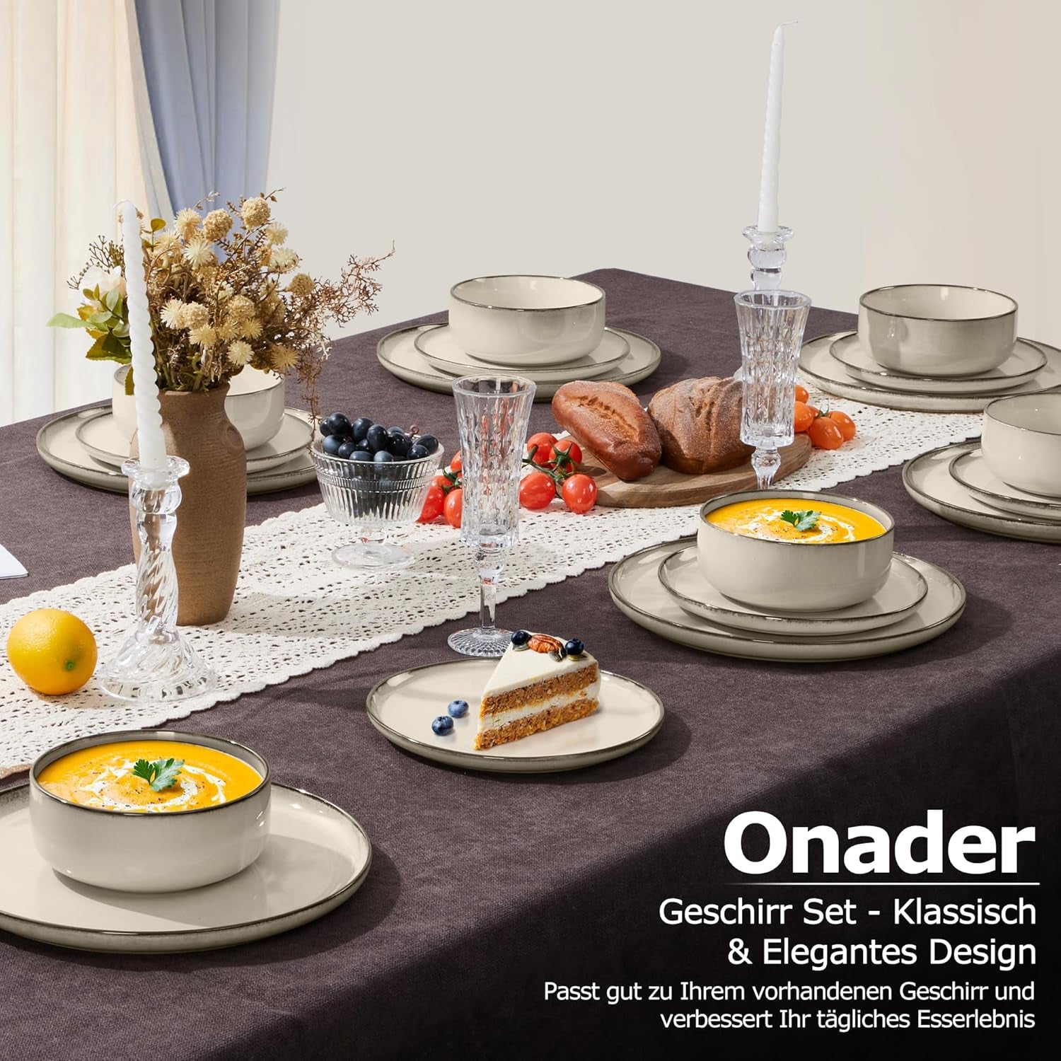 Service de table pour 6 personnes, 18 pièces en grès, service combiné, 6 assiettes plates, 6 assiettes à dessert, 6 bols à céréales, résistant aux rayures et passe au micro-ondes – Kaki Karst