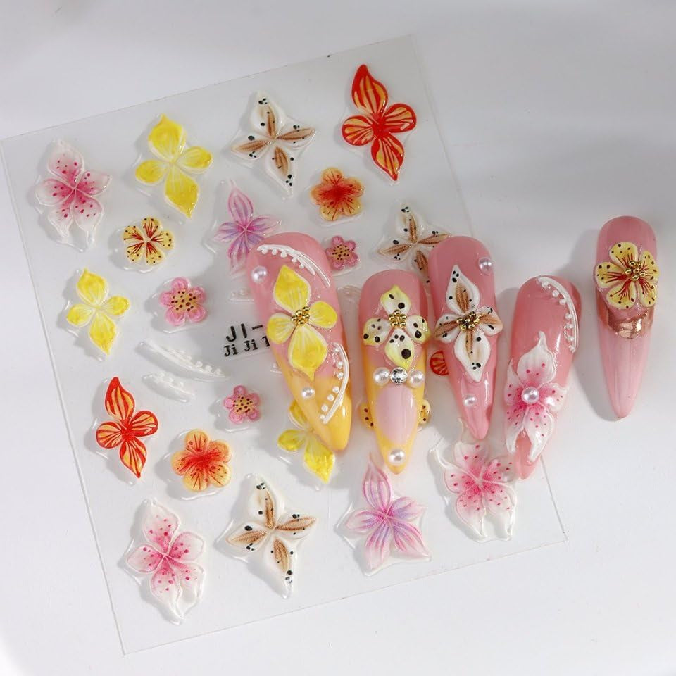 JMEOWIO Autocollants de manucure 3D en forme de fleur colorée pour nail art