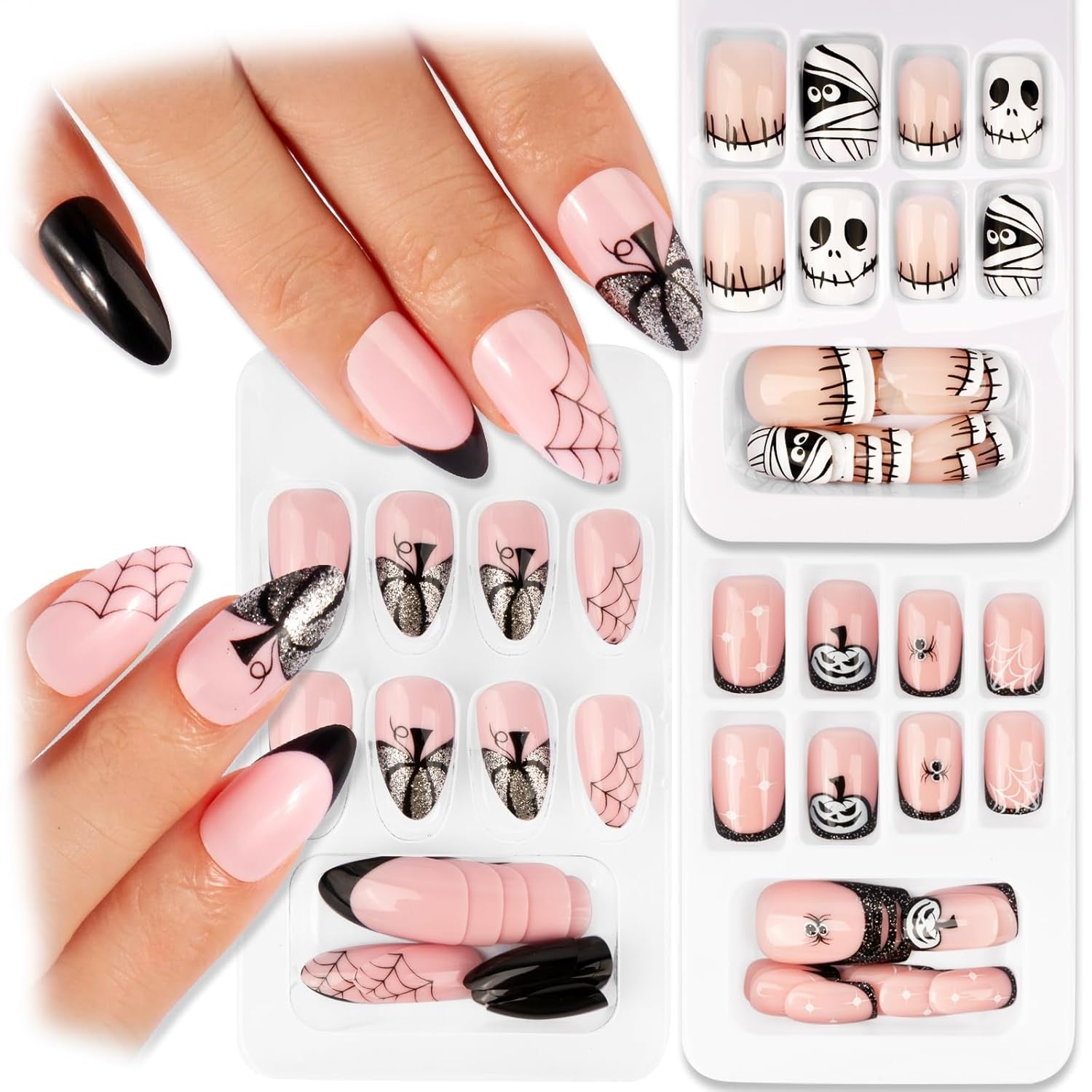 72 pcs Ongles d'Halloween Faux Ongles Autocollants Ongles Artificiels Courts Ongles Pressés Autocollants Citrouille Fantôme Ongles Artificiels Conseils Nail Art Orange Vert Noir