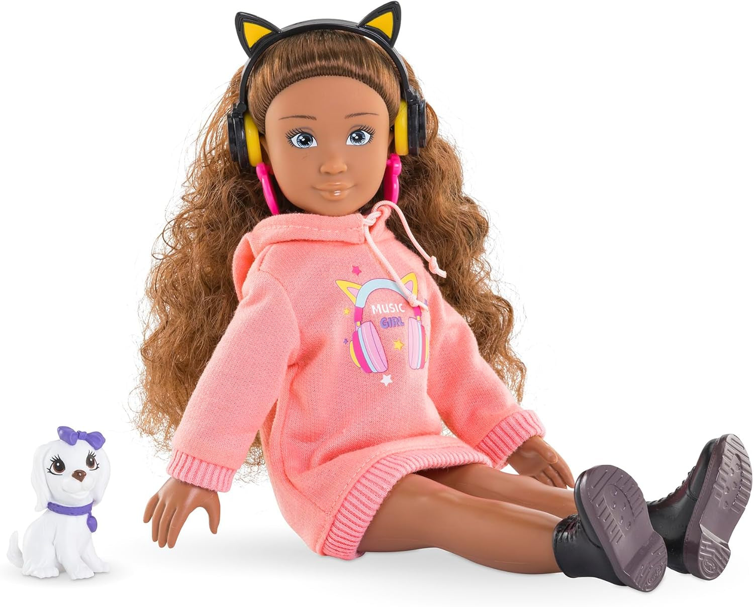 Corolle Girls Melody Music und Fashion Set, Ankleidepuppe im coolen Hoodiekleid mit Hund, trendy Kopfhörer, Ohrringe und extra Inlineskates, Vanilleduft, 28cm, ab 4 Jahren