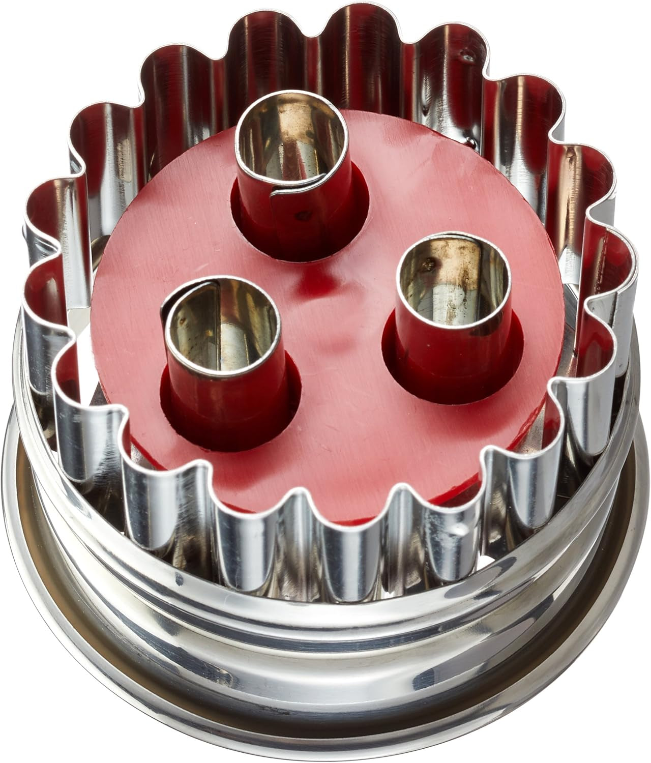 Städter 966056 Moule à biscuits Linzer avec éjecteur, 3 trous, acier inoxydable, argent/rouge, 4,8 x 4,8 x 4,8 cm