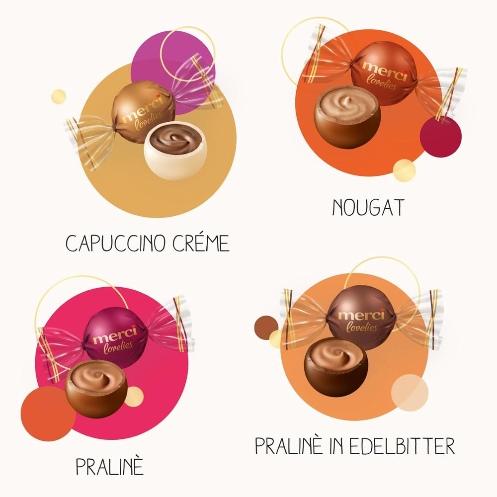 merci lovelies Cremos – 1 x 185 g – Cutie de praline cu 4 specialități de ciocolată umplute – Bile de ciocolată pentru a fi împărțite și oferite cadou