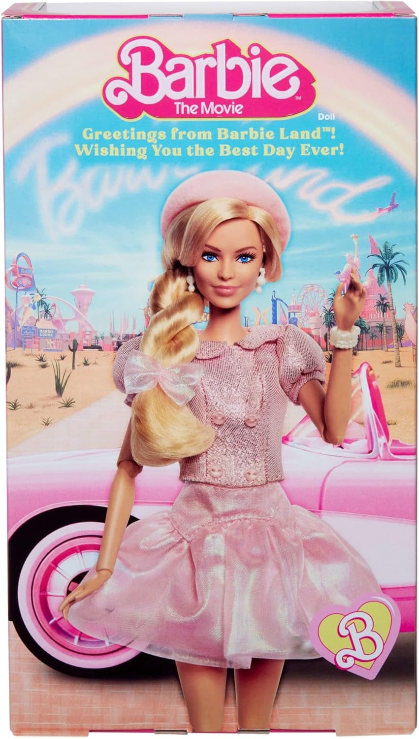 Barbie Le film basé sur le film Margot Robbie en tant que figurine de collection Barbie en chemisier rose et jupe en tulle avec coiffure stylisée et bijoux assortis JBJ53