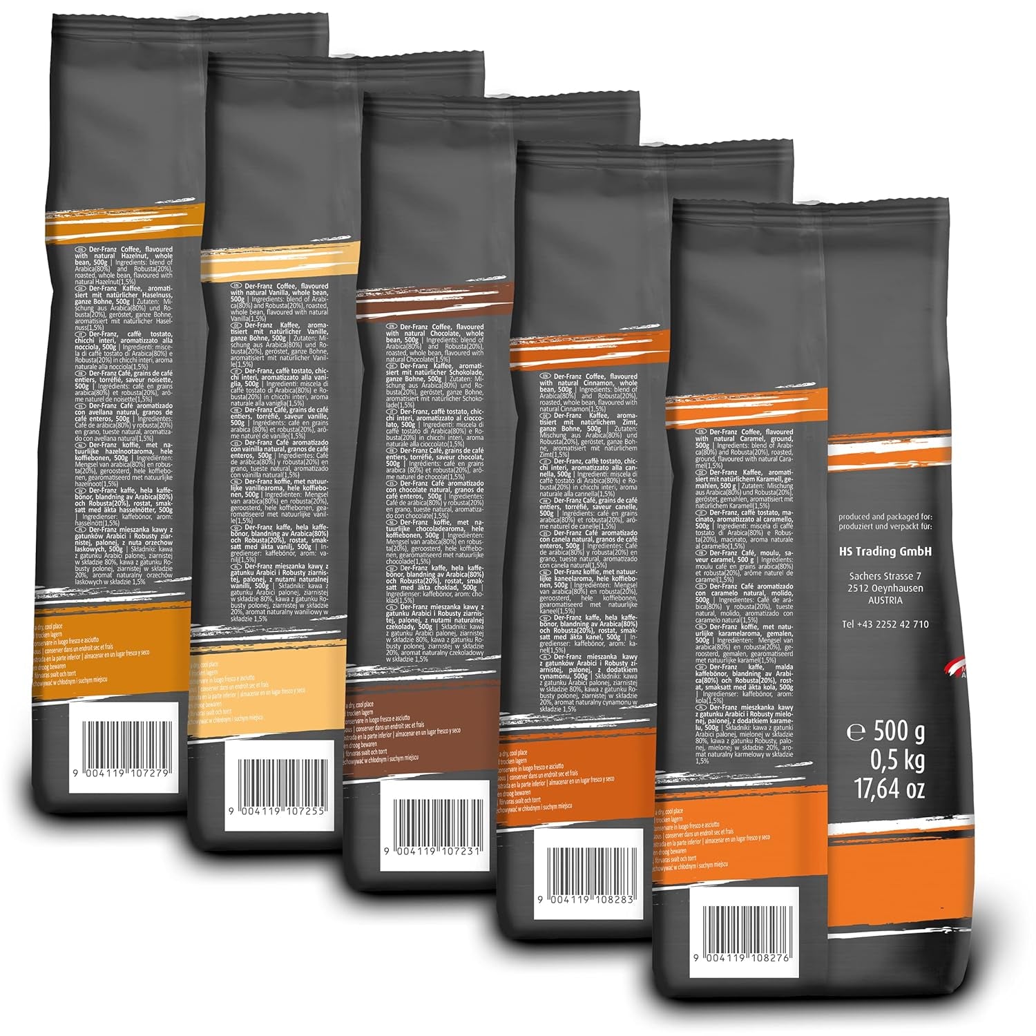 Der-Franz Kaffee Pack, ganze Bohne, aromatisé, 5 x 500 g (1 x Noisette, 1 x Vanille, 1 x Chocolat, 1 x Zimt, 1 x Caramel)