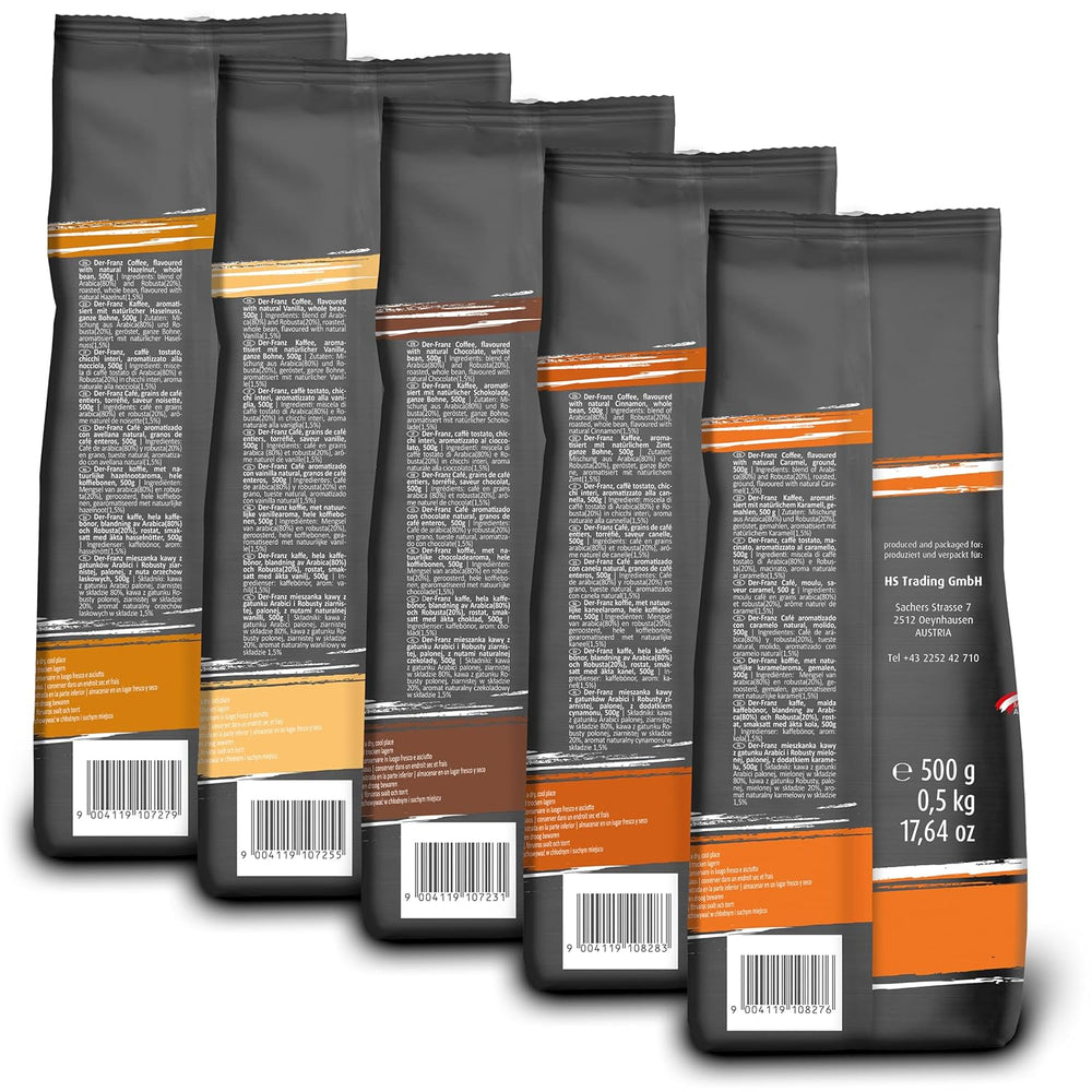 Der-Franz Kaffee Pack, ganze Bohne, aromatisé, 5 x 500 g (1 x Noisette, 1 x Vanille, 1 x Chocolat, 1 x Zimt, 1 x Caramel)
