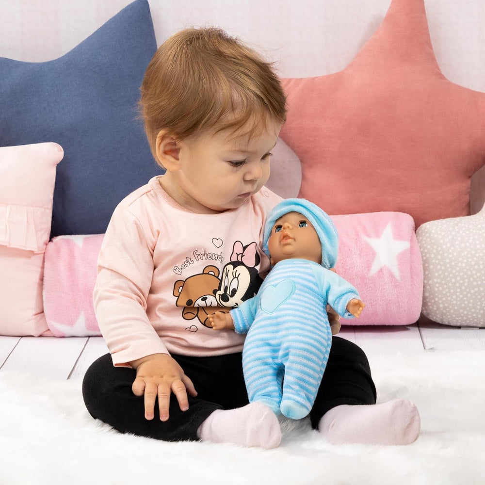 Bayer Design 92802AU My First Baby 28cm, Babypuppe, Weichkörperpuppe mit Schlafaugen, sehr handlich, niedliches Outfit, blau mit Herz