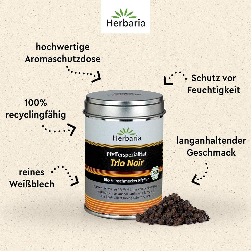 Herbaria Trio Noir bio 75g M-Dose – Bio Pfeffer schwarz ganz – ganze Pfefferbeeren – schwarze Pfeffermischung aus biologischem Anbau von trois verschiedenen Regionen - in nachhaltiger Aromaschutz-Dose