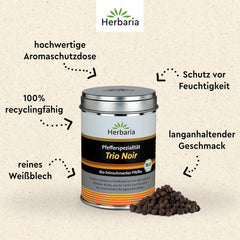 Herbaria Trio Noir bio 75g M-Dose – Bio Pfeffer schwarz ganz – ganze Pfefferbeeren – schwarze Pfeffermischung aus biologischem Anbau von trois verschiedenen Regionen - in nachhaltiger Aromaschutz-Dose