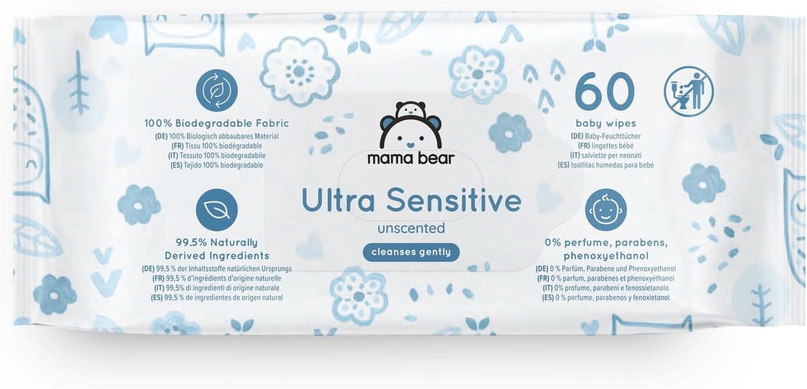 Șervețele ultrasensibile pentru bebeluși Mama Bear, fără parfum, 1008 număr (18 pachete de 60) Naty Shop