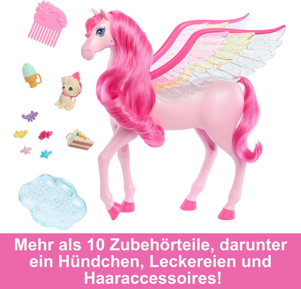 Barbie Pegasus Magic Hide and Seek - Jouet interactif avec lumières et sons, 10 accessoires, ailes arc-en-ciel, à partir de 3 ans, HLC41
