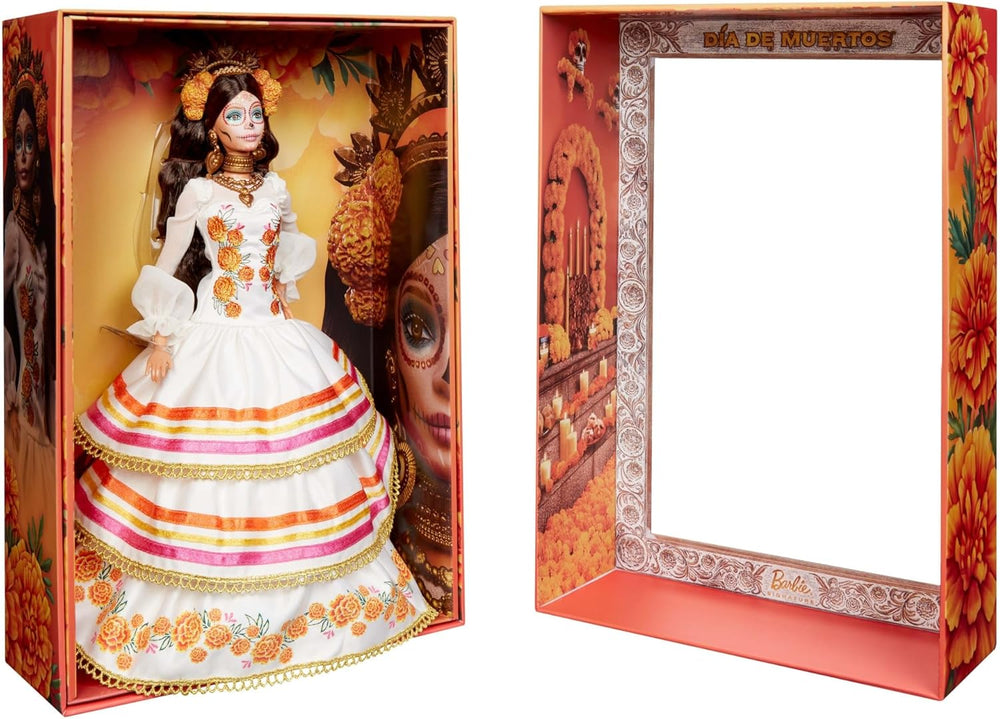 Barbie Signature Day of the Dead 2025 - Figurine de collection en robe crème avec volants, soucis et nœuds, couronne de fleurs dans les cheveux et peinture pour le visage Calavera, JBJ05