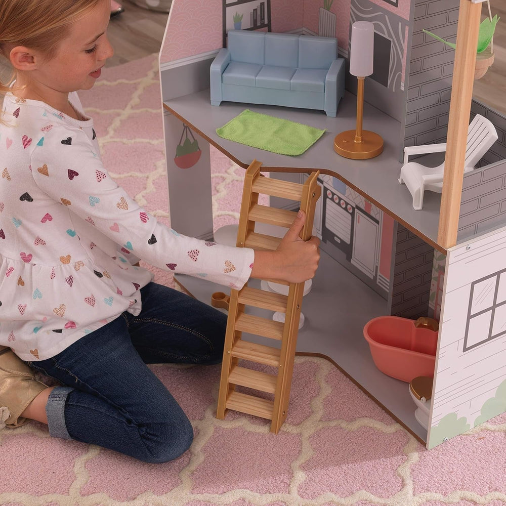 Kidkraft Alina Maison de poupée en bois avec meubles et accessoires pour poupées de 30 cm, ensemble de jeu à 3 niveaux avec chien et escalier mobile, jouet pour enfants de 3 ans, 10229 Naty Shop Dollhouses